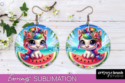 Beach Unicorn Earrings PNG - Round Earrings Sublimation Sublimation OrangeBrushStudio 
