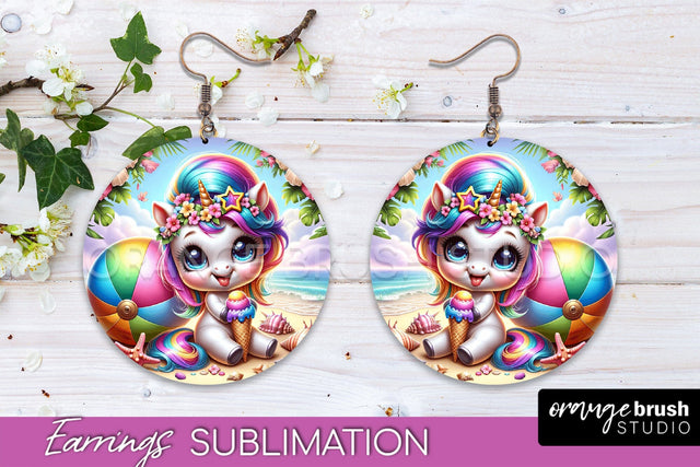 Beach Unicorn Earrings PNG - Round Earrings Sublimation Sublimation OrangeBrushStudio 