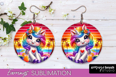 Beach Unicorn Earrings PNG - Round Earrings Sublimation Sublimation OrangeBrushStudio 