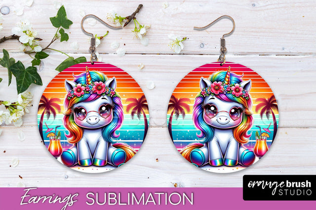 Beach Unicorn Earrings PNG - Round Earrings Sublimation Sublimation OrangeBrushStudio 