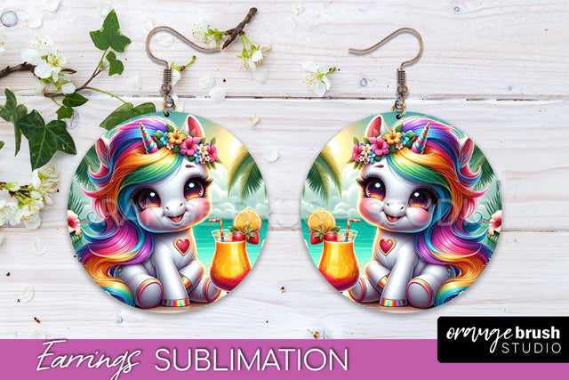 Beach Unicorn Earrings PNG - Round Earrings Sublimation Sublimation OrangeBrushStudio 