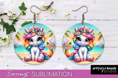 Beach Unicorn Earrings PNG - Round Earrings Sublimation Sublimation OrangeBrushStudio 