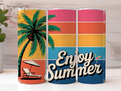 Beach Vibes Enjoy Summer 20oz Tumbler, Enjoy Summer Phrase, Tropical Coastal Illustration, Sublimation Tumbler Wrap, 20oz Tumbler, Fun Summer Gift, Bright Ocean Style Sublimation Lara' s Designs 