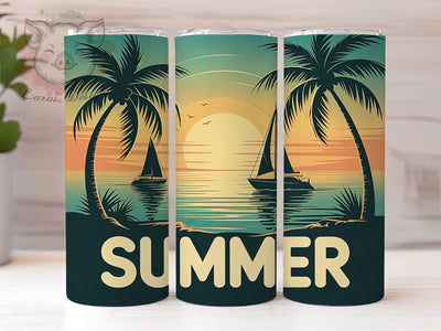 Beach Vibes Sunset Palms 20oz Tumbler, Summer Tropical Scene, Sunset Palm Trees Illustration, Sublimation Tumbler Wrap, 20oz Tumbler, Fun Summer Gift, Bright Coastal Style Sublimation Lara' s Designs 