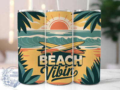 Beach Vibin Retro 20oz Tumbler, Salty Summer Phrase, Beach Vibin Quote, Tropical Coastal Theme, Vintage Beach Illustration, Sublimation Tumbler Wrap, 20oz Tumbler Sublimation ToriDesigns 