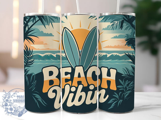 Beach Vibin Retro 20oz Tumbler, Salty Summer Phrase, Beach Vibin Quote, Tropical Coastal Theme, Vintage Beach Illustration, Sublimation Tumbler Wrap, 20oz Tumbler Sublimation ToriDesigns 