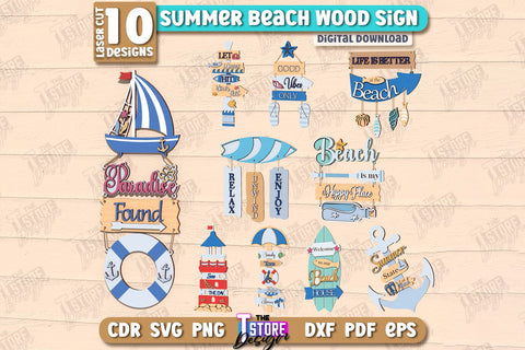 Beach Wall Signs Laser Cut Bundle | Summer Front Door Decor | Summer Vibe | CNC File SVG The T Store Design 