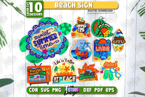 Beach Wall Signs Laser Cut Bundle | Summer Front Door Decor | Summer Vibe | CNC Files SVG The T Store Design 
