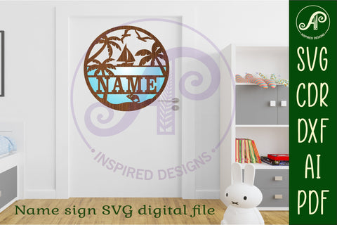 Beach with sailing boat Name sign svg laser cut template SVG APInspireddesigns 