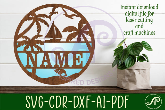 Beach with sailing boat Name sign svg laser cut template SVG APInspireddesigns 