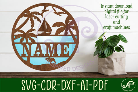 Beach with sailing boat Name sign svg laser cut template SVG APInspireddesigns 