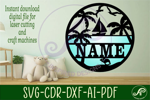 Beach with sailing boat Name sign svg laser cut template SVG APInspireddesigns 