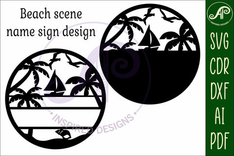 Beach with sailing boat Name sign svg laser cut template SVG APInspireddesigns 
