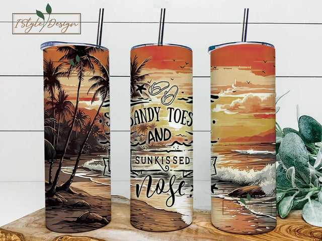 Beach Wrap, Summer Vibes, Sandy Toes and Sun Kissed Nose, Tumbler Wrap, Beach Sunset, 20oz Skinny Tumbler, Straight and Tapered Designs, Sublimation iStyleDesign 