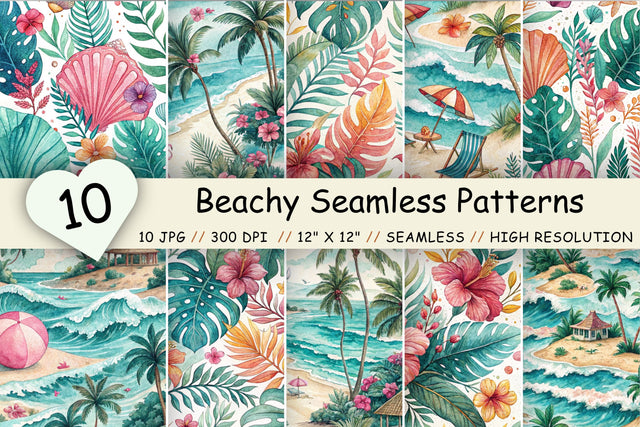 Beachy Seamless Patterns Digital Paper, Watercolor Tropical Bundle Pack, Printable Scrapbook Paper, Bright Preppy Design Collection Digital Pattern FloridPrintables 