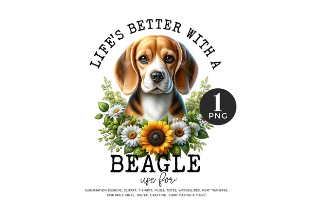 Beagle Dog PNG with Sunflowers and Daisies Sublimation BijouBay 
