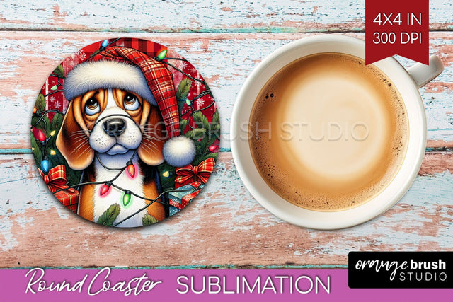 Beagle Funny Christmas Dog Round Coaster Sublimation OrangeBrushStudio 