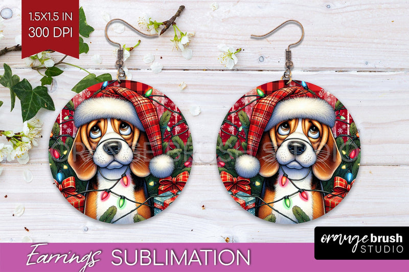 Beagle Funny Christmas Dog Round Earrings Sublimation OrangeBrushStudio 