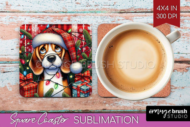 Beagle Funny Christmas Dog Square Coaster Sublimation OrangeBrushStudio 