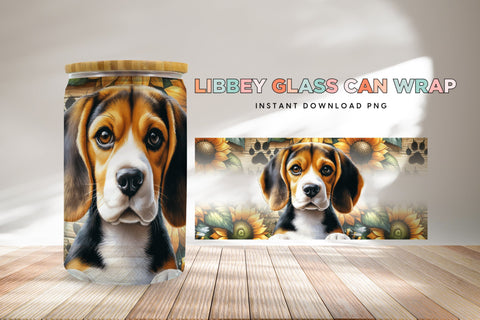 Beagle Libbey Glass Can Wrap, Dog Sunflower PNG Sublimation BijouBay 
