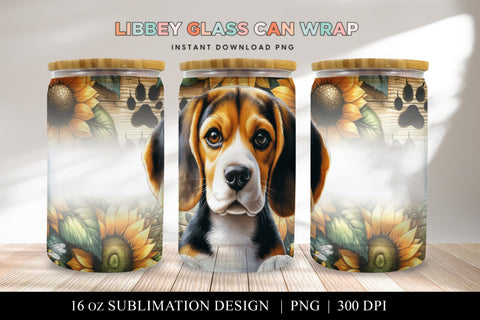 Beagle Libbey Glass Can Wrap, Dog Sunflower PNG Sublimation BijouBay 