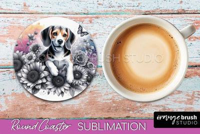 Beagle Round Coaster - Dog Mom Floral Coaster Sublimation Sublimation OrangeBrushStudio 