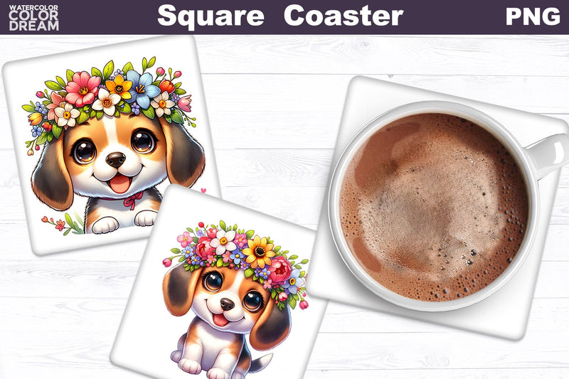 Beagle Square Coaster | Dog Flowers Square Coaster Sublimation WatercolorColorDream 