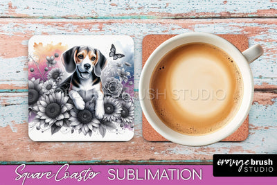 Beagle Square Coaster - Dog Mom Floral Coaster Sublimation Sublimation OrangeBrushStudio 
