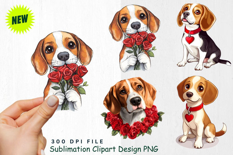 Beagle with Roses and Heart Confetti Clipart Sublimation Regulrcrative 