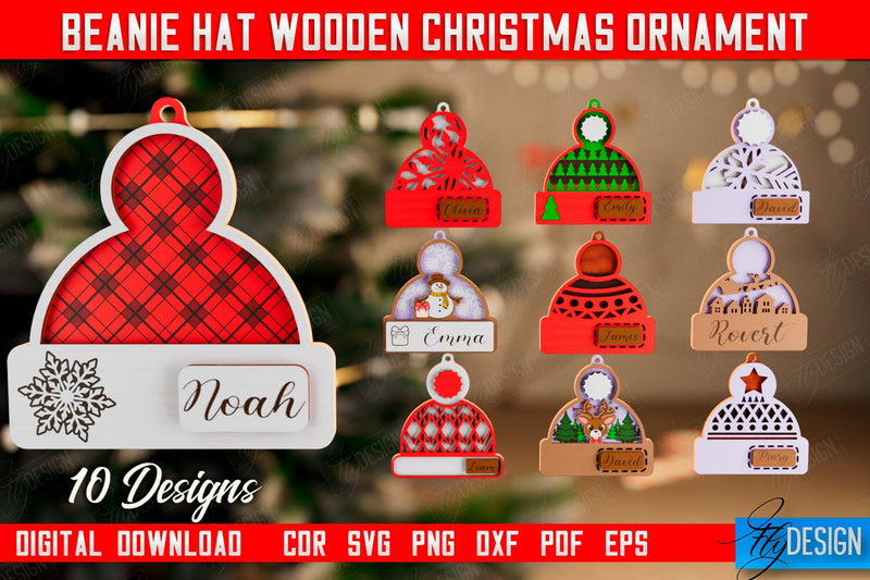Beanie Hat Wooden Christmas Ornament Bundle | Personalized Christmas Tree Toy | CNC Files SVG Fly Design 