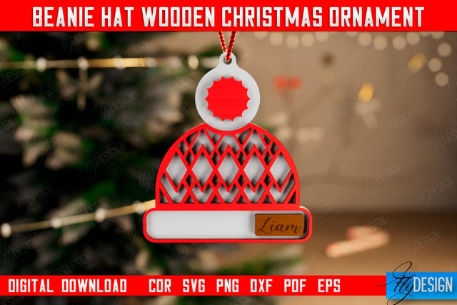 Beanie Hat Wooden Christmas Ornament | Personalized Christmas Tree Toy | CNC File SVG Fly Design 