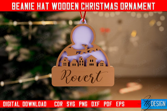 Beanie Hat Wooden Christmas Ornament | Personalized Christmas Tree Toy | CNC File SVG Fly Design 