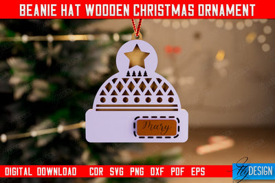 Beanie Hat Wooden Christmas Ornament | Personalized Christmas Tree Toy | CNC File SVG Fly Design 