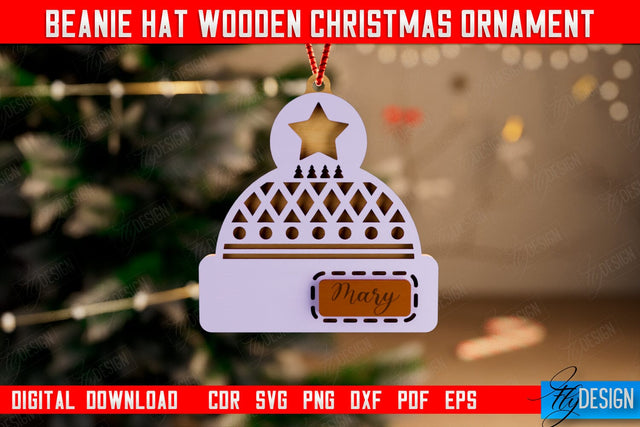 Beanie Hat Wooden Christmas Ornament | Personalized Christmas Tree Toy | CNC File SVG Fly Design 