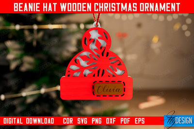 Beanie Hat Wooden Christmas Ornament | Personalized Christmas Tree Toy | CNC File SVG Fly Design 