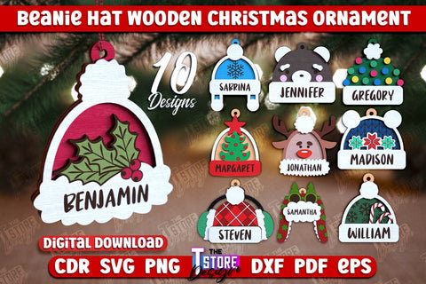 Beanie Hat Wooden Christmas Ornaments Bundle | Personalized Christmas Tree Toy | CNC File SVG The T Store Design 