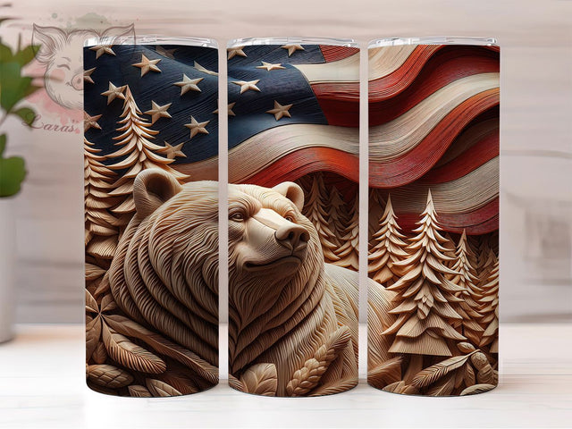 Bear American Flag Patriotic 20oz Tumbler, American Flag Tumbler, Woodgrain Tumbler, Patriotic Tumbler, Wildlife Tumbler, 4th of July Tumbler, 20oz Sublimation Wrap Sublimation Lara' s Designs 