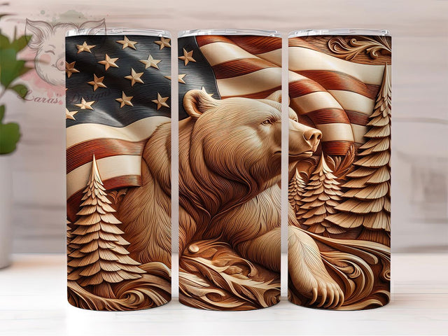 Bear American Flag Patriotic 20oz Tumbler, American Flag Tumbler, Woodgrain Tumbler, Patriotic Tumbler, Wildlife Tumbler, 4th of July Tumbler, 20oz Sublimation Wrap Sublimation Lara' s Designs 