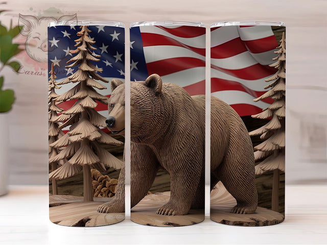 Bear American Flag Patriotic 20oz Tumbler, American Flag Tumbler, Woodgrain Tumbler, Patriotic Tumbler, Wildlife Tumbler, 4th of July Tumbler, 20oz Sublimation Wrap Sublimation Lara' s Designs 