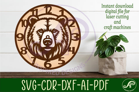 Bear face clock wall clock laser cut files SVG APInspireddesigns 