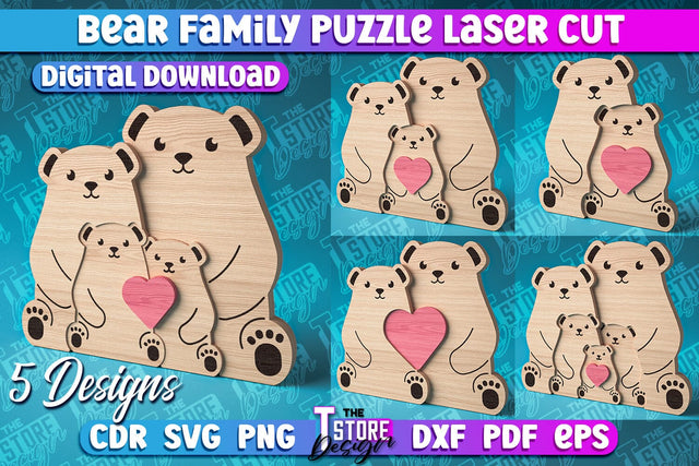 Bear Family Puzzle Laser Cut | Puzzle Laser Cut Design | CNC Files SVG The T Store Design 
