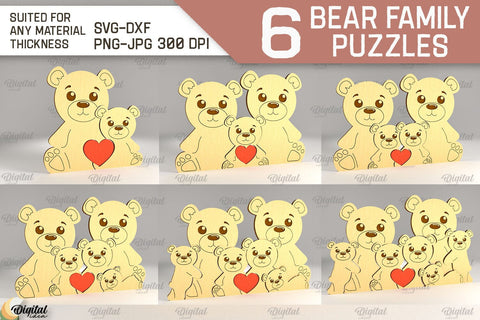 Bear Family Puzzles SVG Bundle. Bear Figurines Laser Cut SVG Evgenyia Guschina 