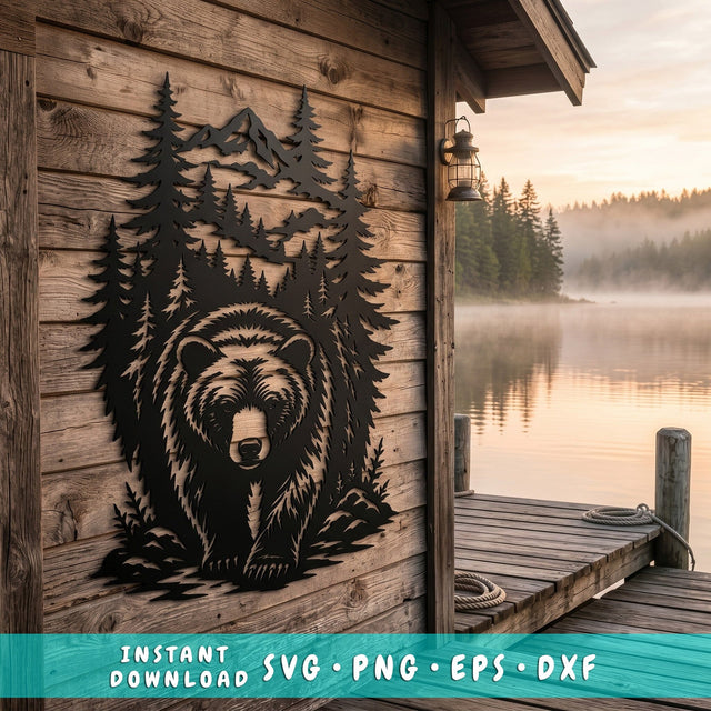 Bear In The Forest Laser SVG | Mountain Wildlife CNC File | Plasma Cut Bear Scene DXF | Rustic Cabin Decor Laser Cut File SVG HappyDesignStudio 