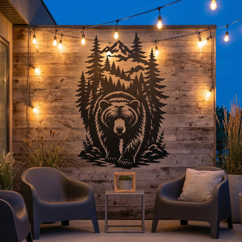 Bear In The Forest Laser SVG | Mountain Wildlife CNC File | Plasma Cut Bear Scene DXF | Rustic Cabin Decor Laser Cut File SVG HappyDesignStudio 