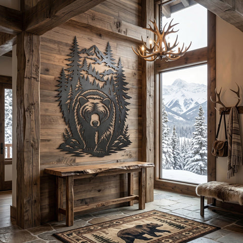 Bear In The Forest Laser SVG | Mountain Wildlife CNC File | Plasma Cut Bear Scene DXF | Rustic Cabin Decor Laser Cut File SVG HappyDesignStudio 