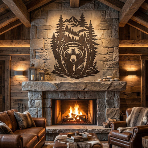 Bear In The Forest Laser SVG | Mountain Wildlife CNC File | Plasma Cut Bear Scene DXF | Rustic Cabin Decor Laser Cut File SVG HappyDesignStudio 