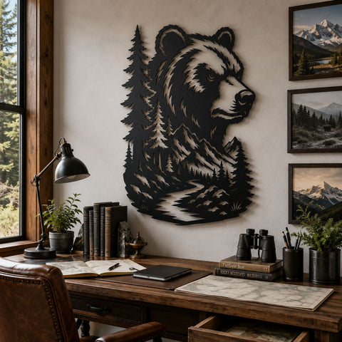 Bear Mountain Landscape Laser SVG | Bear Metal Wall Art DXF | Wildlife CNC Plasma Cut File | Forest Bear Laser Cut Svg | Rustic Cabin Decor SVG HappyDesignStudio 