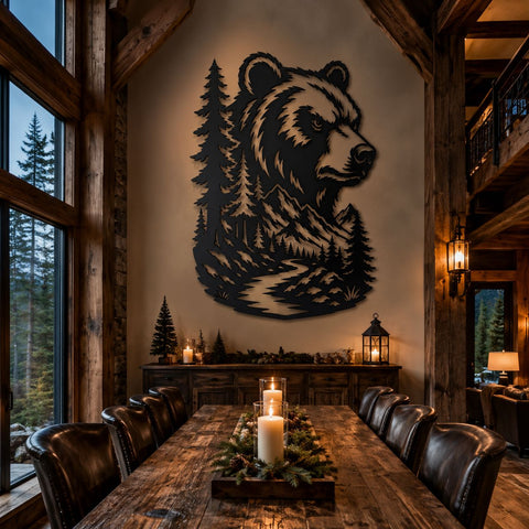 Bear Mountain Landscape Laser SVG | Bear Metal Wall Art DXF | Wildlife CNC Plasma Cut File | Forest Bear Laser Cut Svg | Rustic Cabin Decor SVG HappyDesignStudio 