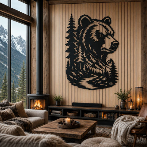 Bear Mountain Landscape Laser SVG | Bear Metal Wall Art DXF | Wildlife CNC Plasma Cut File | Forest Bear Laser Cut Svg | Rustic Cabin Decor SVG HappyDesignStudio 