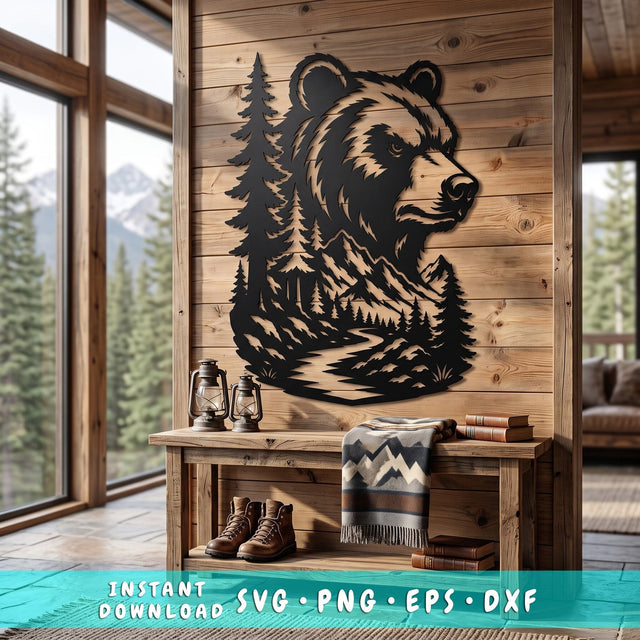 Bear Mountain Landscape Laser SVG | Bear Metal Wall Art DXF | Wildlife CNC Plasma Cut File | Forest Bear Laser Cut Svg | Rustic Cabin Decor SVG HappyDesignStudio 